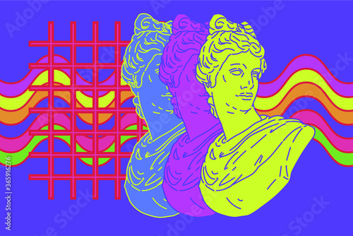 Pop art style collage with colorful gypsum heads. Illustration with psychedelic trippy vibe.