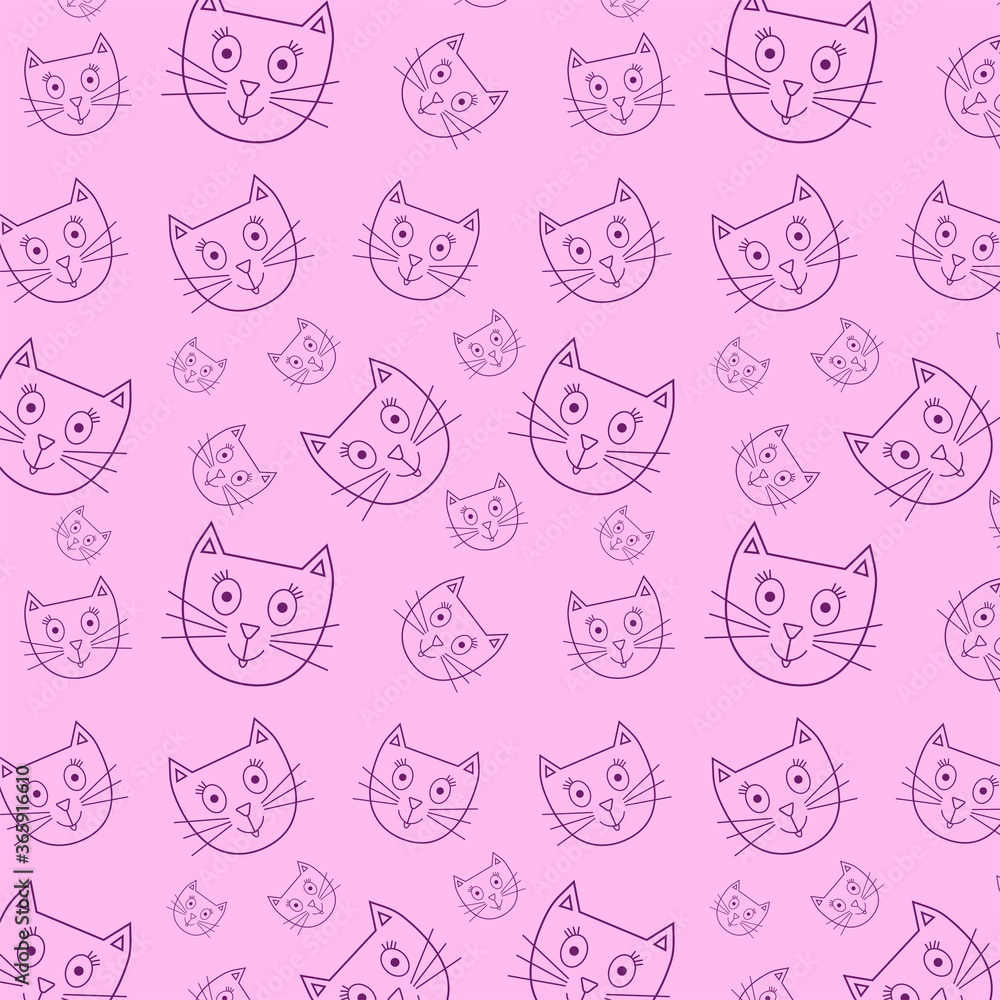 Seamless pattern of muzzles of cats purple contour on a pink background wallpaper texture vector graphics