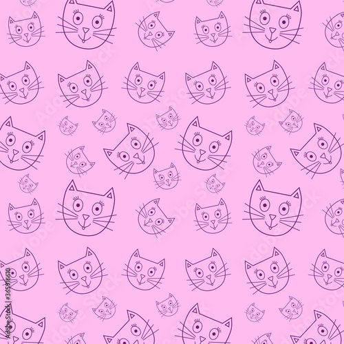 Seamless pattern of muzzles of cats purple contour on a pink background wallpaper texture vector graphics