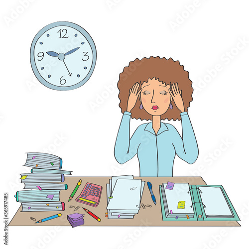 Tired Sad Woman in the office in the evening