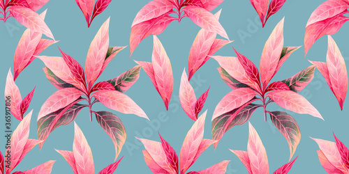 Watercolor painting colorful tropical leaf,pink leaves seamless pattern background.Watercolor hand drawn illustration tropical exotic leaf prints for wallpaper,textile Hawaii aloha summer style..
