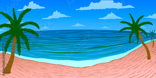 Fototapeta Naklejka Na Ścianę i Meble -  Summer tropical landscape. Sandy beach with palm trees on ocean coast. Vector illustration.