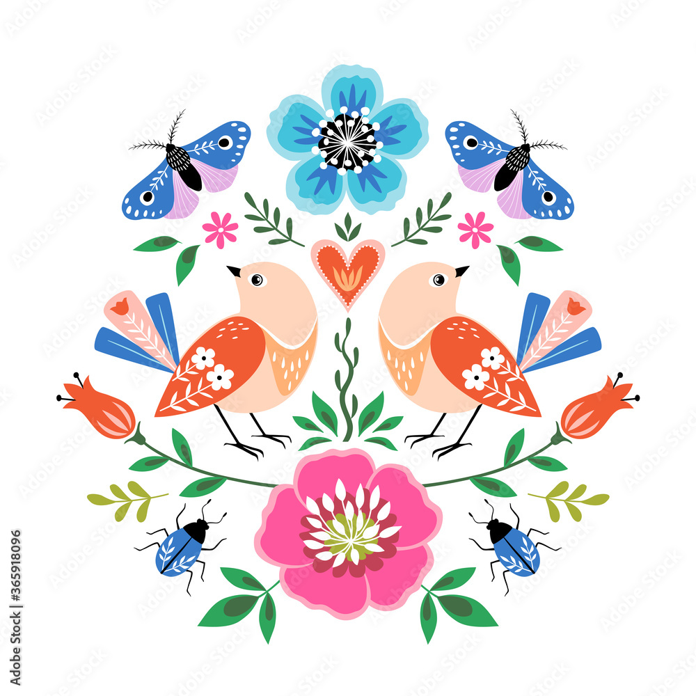 Bright colorful folk style illustration with birds, flowers, butterflies and bugs on white background. Bright colorful folk style illustration with birds, flowers, butterflies and bugs on white background.