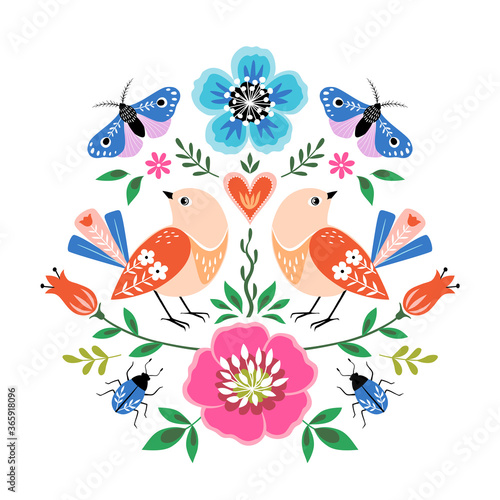 Bright colorful folk style illustration with birds, flowers, butterflies and bugs on white background.