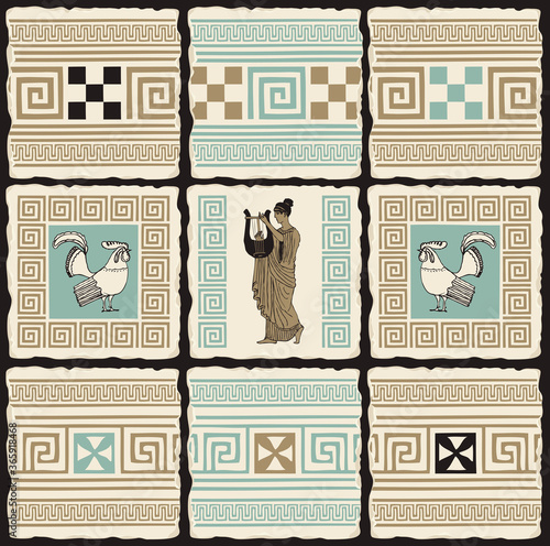 Ancient Greek banner in the form of a set of stone, clay or ceramic tiles. Vector illustrations with Greek ornaments, roosters and an ancient Greek musician with a lyre