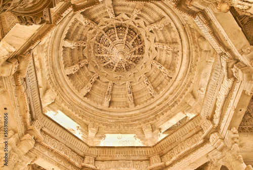 Carved marble domed ceiling of Adinath Jain temple at Ranakpur, Rajasthan, India photo
