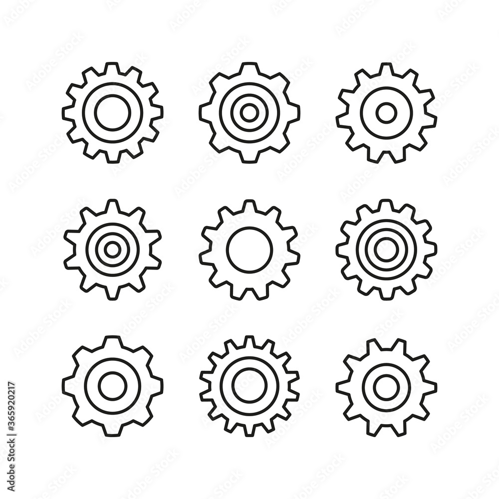 Cogs line icons set. Gears, cogwheels. Modern graphic design concepts, simple outline elements collection. Vector icons
