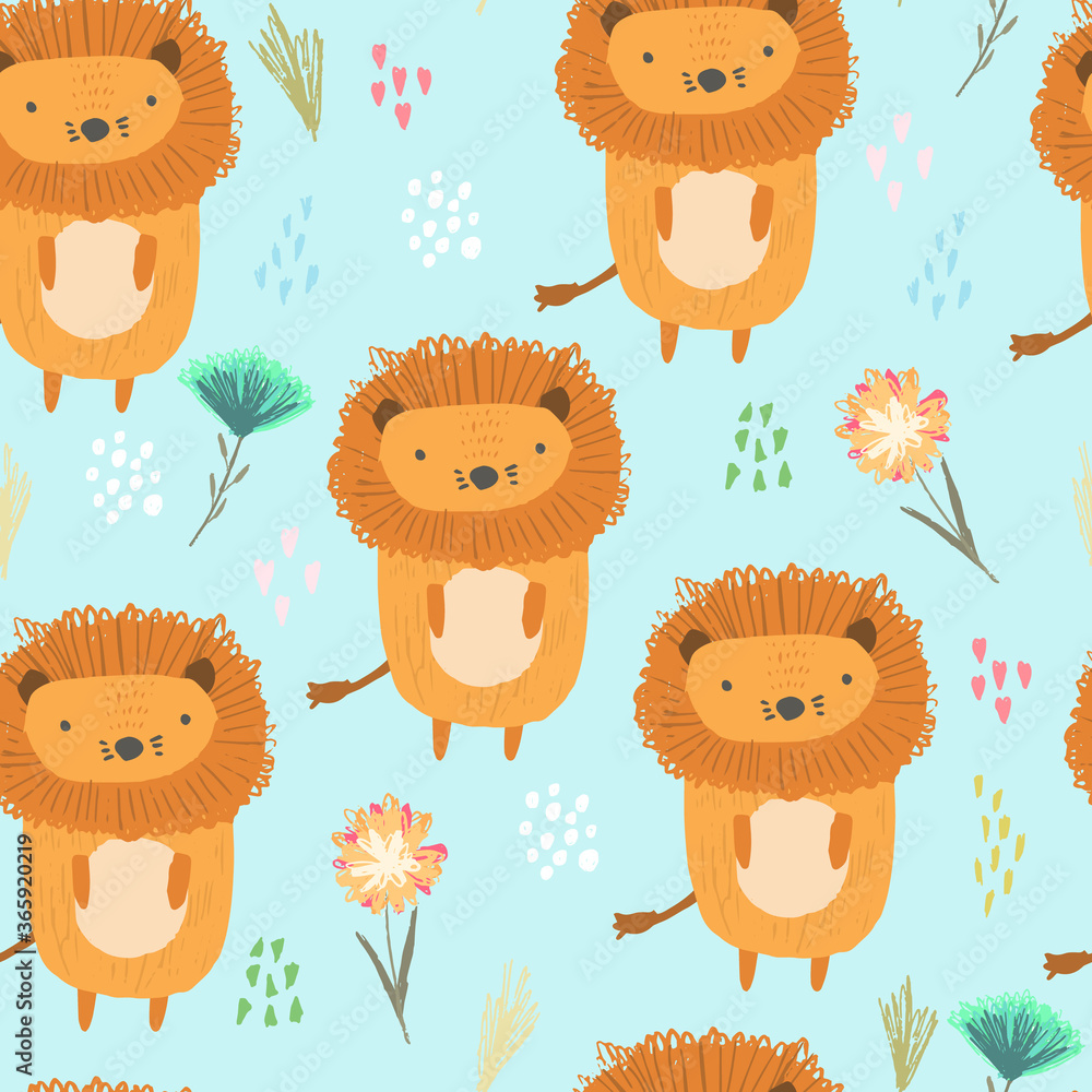 Obraz premium Cute seamless pattern with orange lions, colorful dots and childish flowers and grass on blue. Funny summer hand drawn safari feline cats texture for kids design, wallpaper, textile, wrapping paper