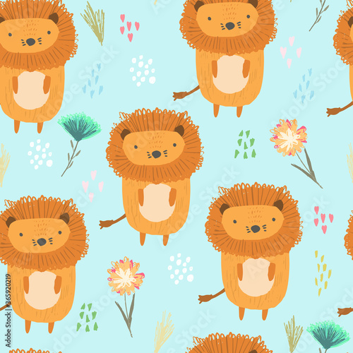 Cute seamless pattern with orange lions, colorful dots and childish flowers and grass on blue. Funny summer hand drawn safari feline cats texture for kids design, wallpaper, textile, wrapping paper