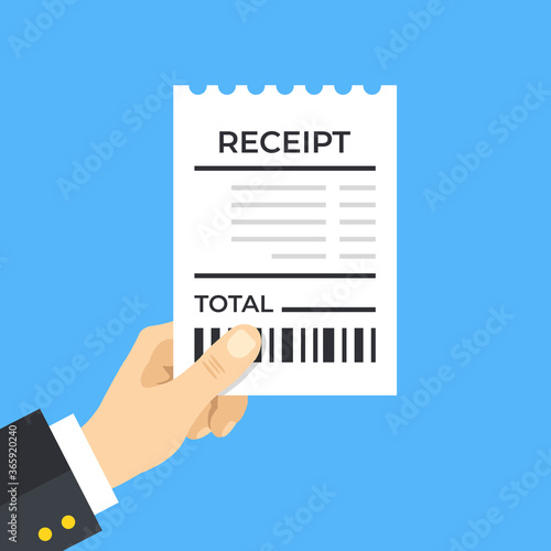 Bill. Hand holding receipt. Modern flat design. Vector illustration