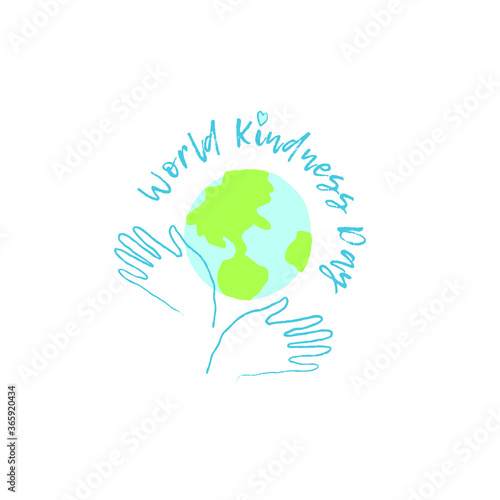 World kindness day logo. Random acts of kindness day emblem. Caring, responsibility, altruism of people. November 13. Hands and heart and planet. Vector illustration for a logotype.