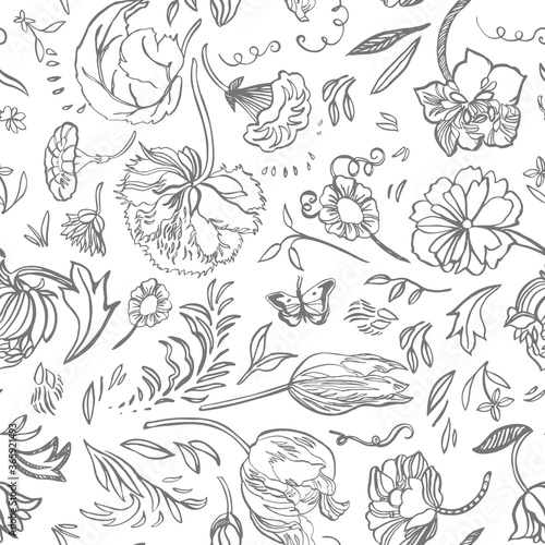 Vector royal baroque line art elegant floral seamless pattern with hand drawn historic florals on white background. Nature background. Surface pattern design.