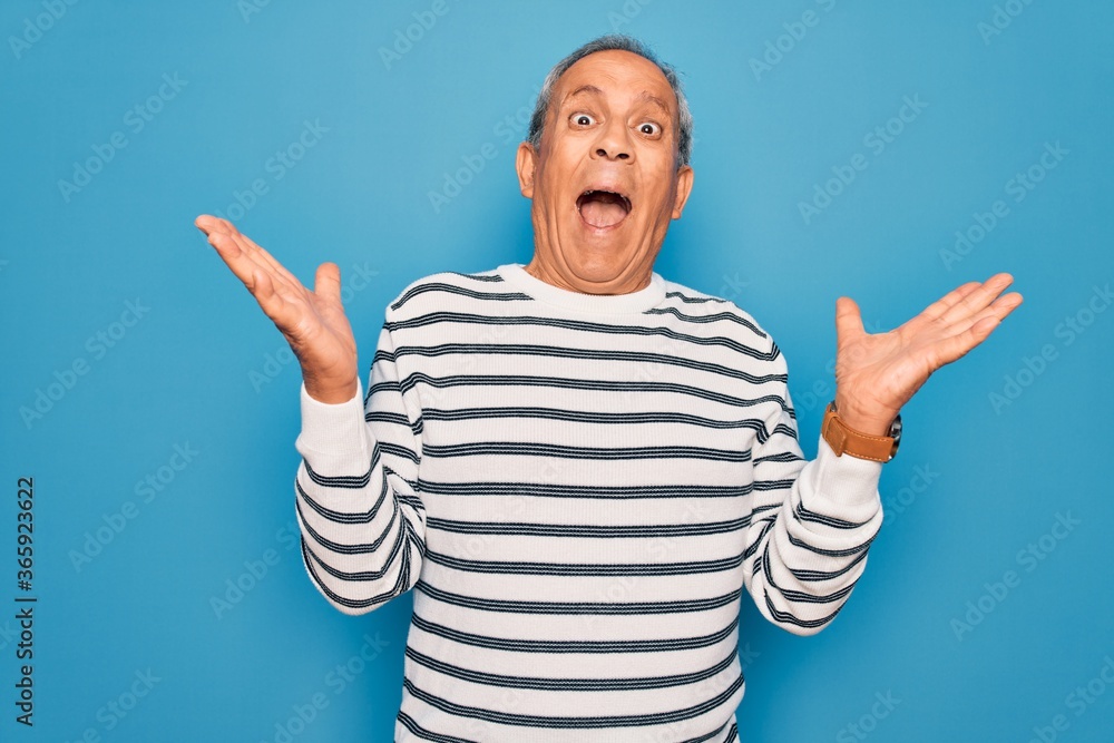 Senior handsome grey-haired man wearing striped sweater over isolated blue background celebrating crazy and amazed for success with arms raised and open eyes screaming excited. Winner concept Senior handsome grey-haired man wearing striped sweater over isolated blue background celebrating crazy and amazed for success with arms raised and open eyes screaming excited. Winner concept
