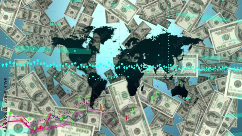 Data processing over World map against American dollars falling Data processing over World map against American dollars falling