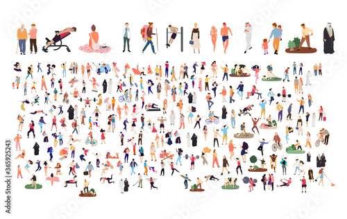 Crowd of flat illustrated people. Dancing, surfing, traveling, walking, working, playing people set. Vector big set