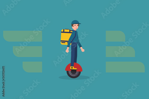 Delivering service vector illustration with modern delivery man on mono-wheel carrying package. Food delivery boy.
