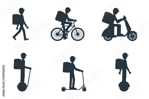 Set of delivery man silhouette on foot, scooter, bicycle, mono-wheel, segway. Stock vector illustration in flat design.