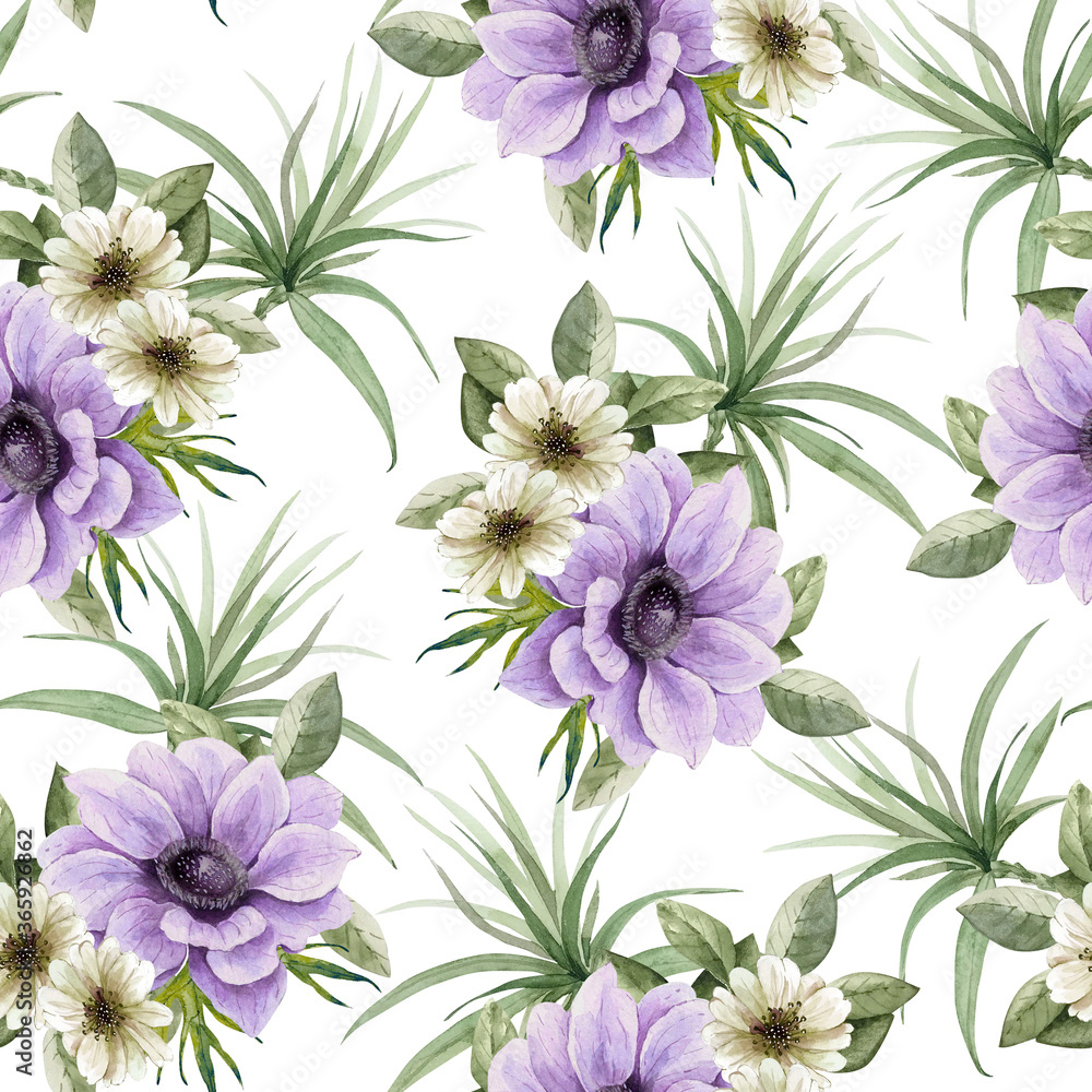 seamless pattern with bouquets of purple and white flowers, on a white background. watercolor illustration