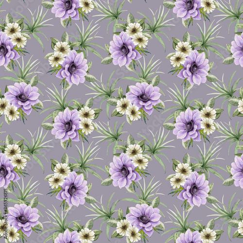 Seamless pattern with bouquets of purple and white flowers  on a gray background. Close-up watercolor illustrations