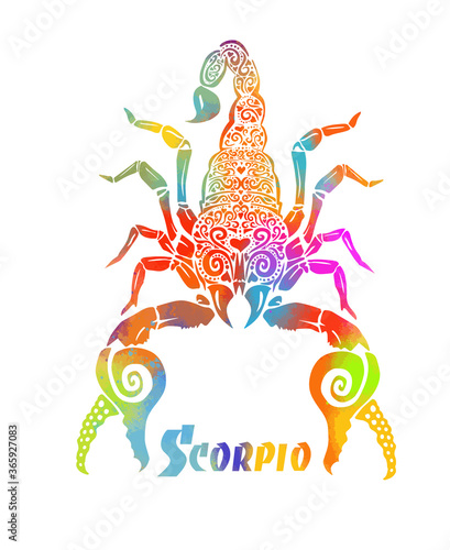 Scorpion of multicolored patterns. T-shirt print. Scorpio zodiac sign. Mixed media. Vector illustration