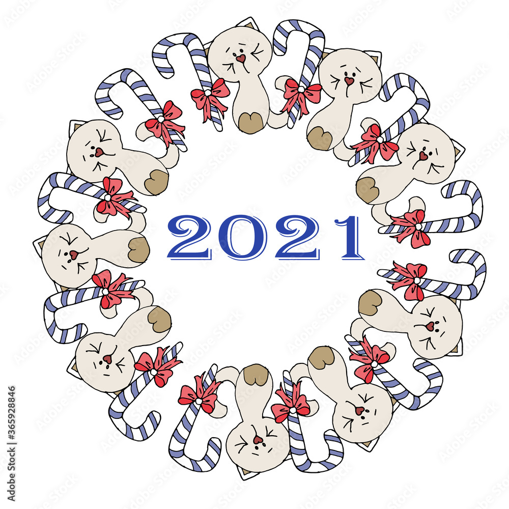 New Year 2021 cats. Beautiful wreath for postcard, notepad, background, textile New Year 2021 cats. Beautiful wreath for postcard, notepad, background, textile