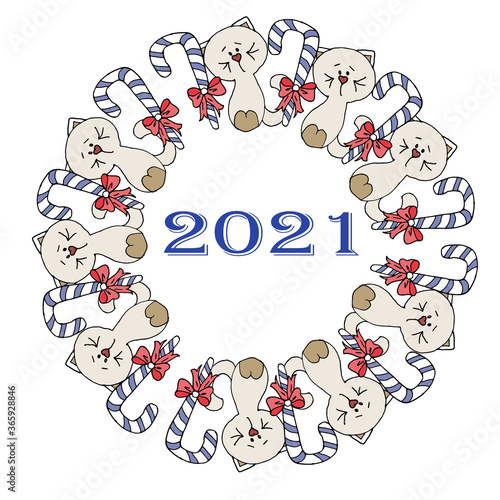 New Year 2021 cats. Beautiful wreath for postcard, notepad, background, textile
