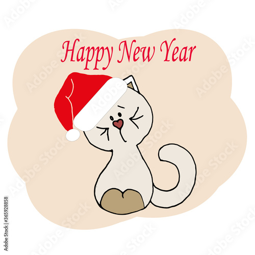 New Year's cat in a Santa hat. Hand-drawn illustration. Suitable for Happy New Year cards, textiles, notepads, backgrounds