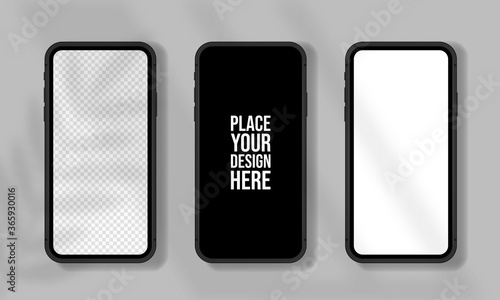 Realistic smartphone mockup set. Mobile phone blank, white, transparent screen design.