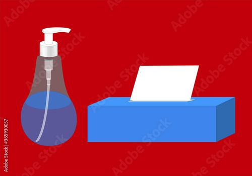 Gel desinfectante y caja con pañuelos de papel