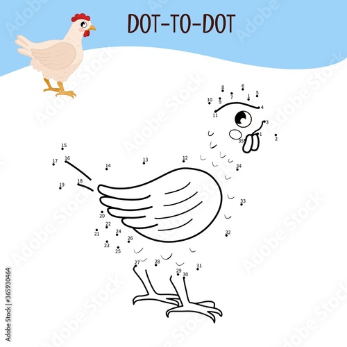 Educational game for kids. Dot to dot game for children. Farm animals. Hen.