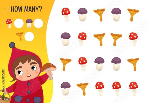 Counting educational children game, math kids activity sheet. How many objects task. Autumn. Cartoon cute girl with mushrooms.