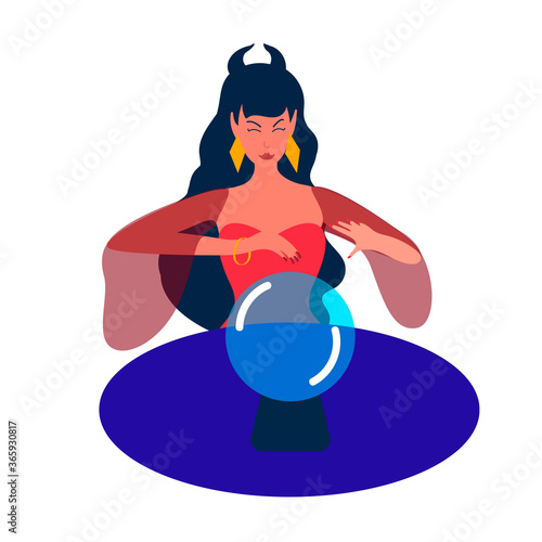  a woman Oracle, fortune teller, witch looks at a balloon, predicts the future. Divination, astrology, mysticism, predictions. A Gypsy woman holds a seance.Vector flat illustrations