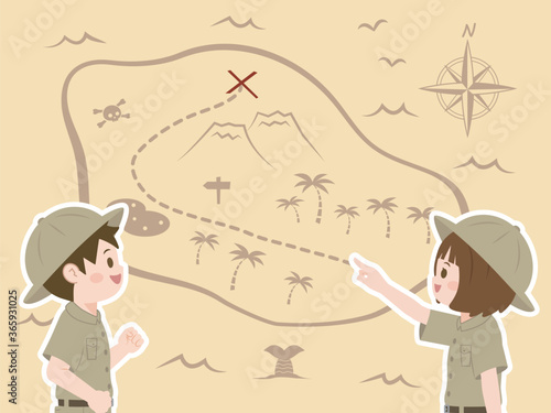 探検隊 宝探しをする子供達のイラスト 宝の地図