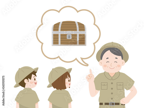 探検隊 宝探しをする子供達とガイドさんのイラスト
