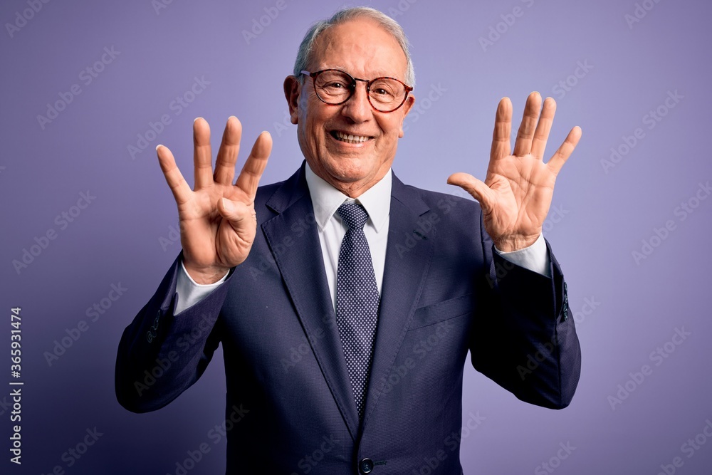 Grey haired senior business man wearing glasses and elegant suit and tie over purple background showing and pointing up with fingers number nine while smiling confident and happy. Grey haired senior business man wearing glasses and elegant suit and tie over purple background showing and pointing up with fingers number nine while smiling confident and happy.