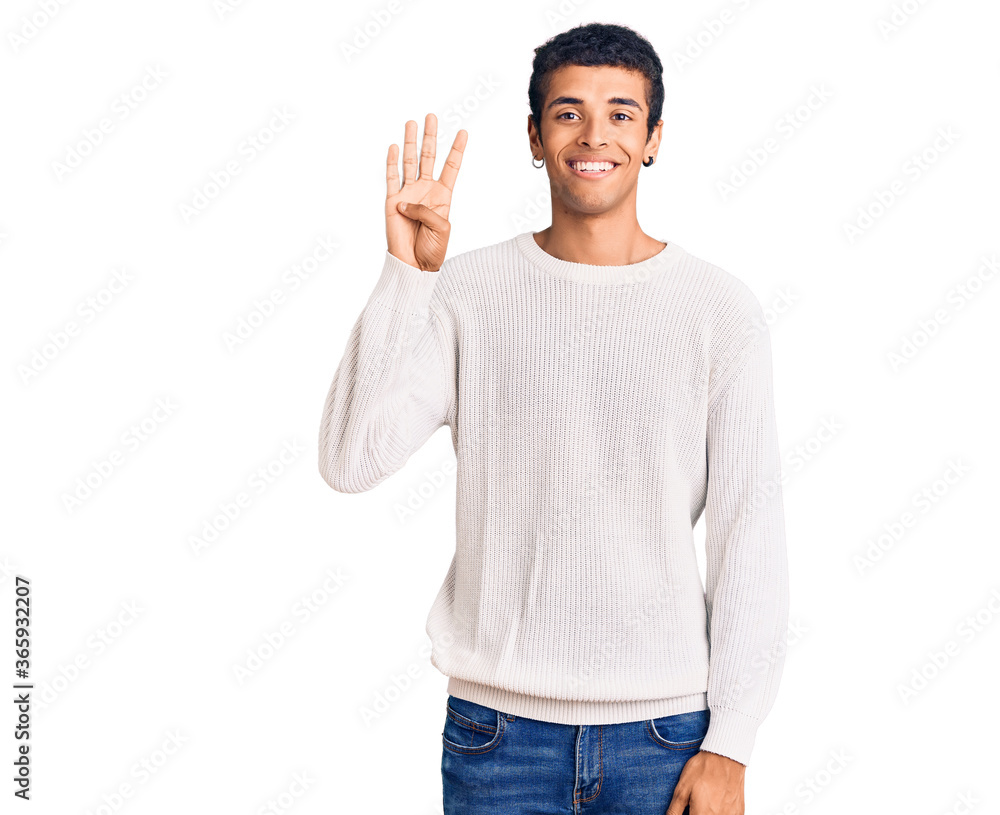 Young african amercian man wearing casual clothes showing and pointing up with fingers number four while smiling confident and happy.