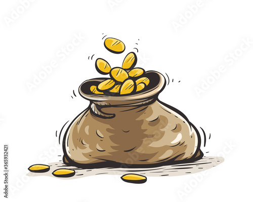 Full sack with gold coins. Hand drawn
