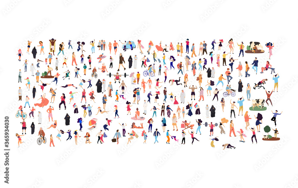 Crowd of flat illustrated people. Dancing, surfing, traveling, walking, working, playing people set. Vector big set Crowd of flat illustrated people. Dancing, surfing, traveling, walking, working, playing people set. Vector big set