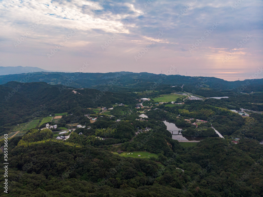 Beautiful view of forested hills and sunset in rural Japan
