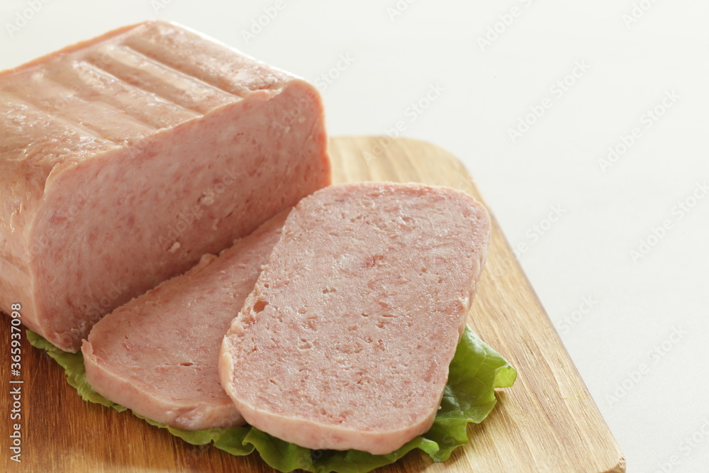 luncheon meat sliced prepared ingredient on wooden board luncheon meat sliced prepared ingredient on wooden board