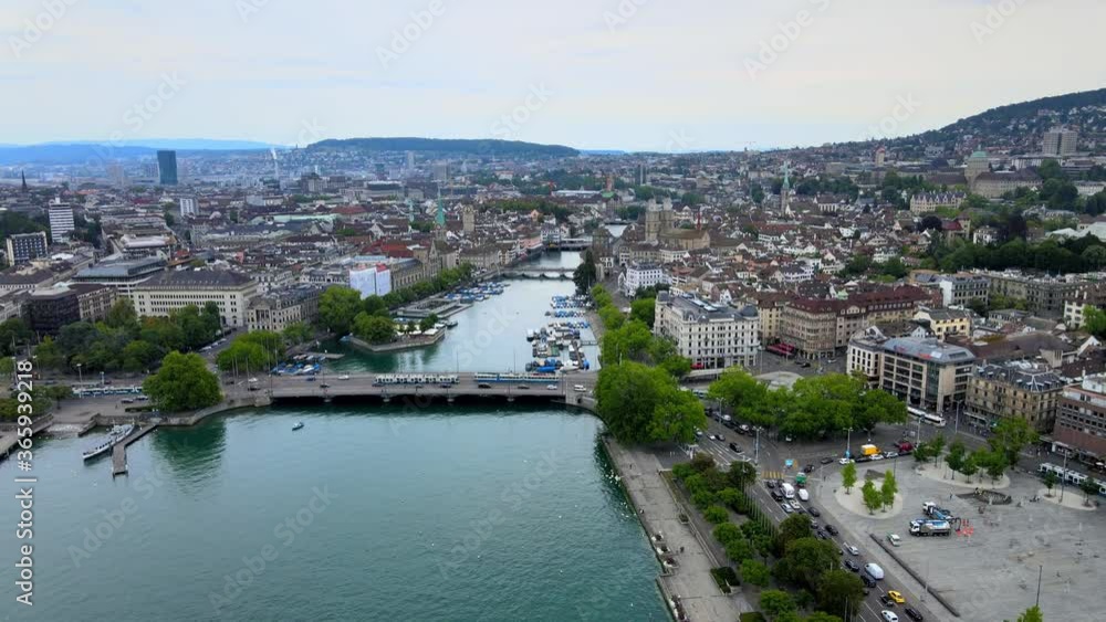 Flight over the city of Zurich in Switzerland - aerial view Flight over the city of Zurich in Switzerland - aerial view