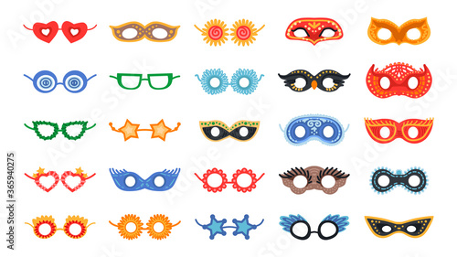 Masquerade bright mask set. Vector party decor