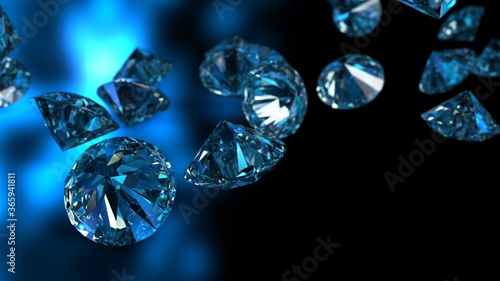 Shiny Diamonds falling on blue background. 3D illustration. 3D CG. High resolution.