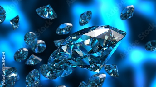 Shiny Diamonds falling on blue background. 3D illustration. 3D CG. High resolution.