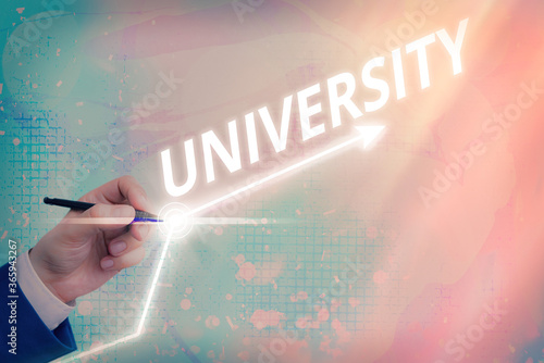 Word writing text University. Business photo showcasing an educational institution designed to teach and investigate Arrow symbol going upward denoting points showing significant achievement photo