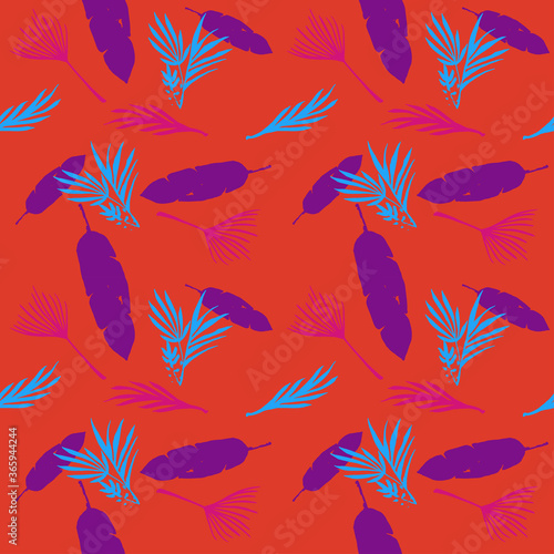 Funky Tropical Vector Seamless Pattern. Banana Leaves Feather Monstera Dandelion Tropical Seamless Pattern. 