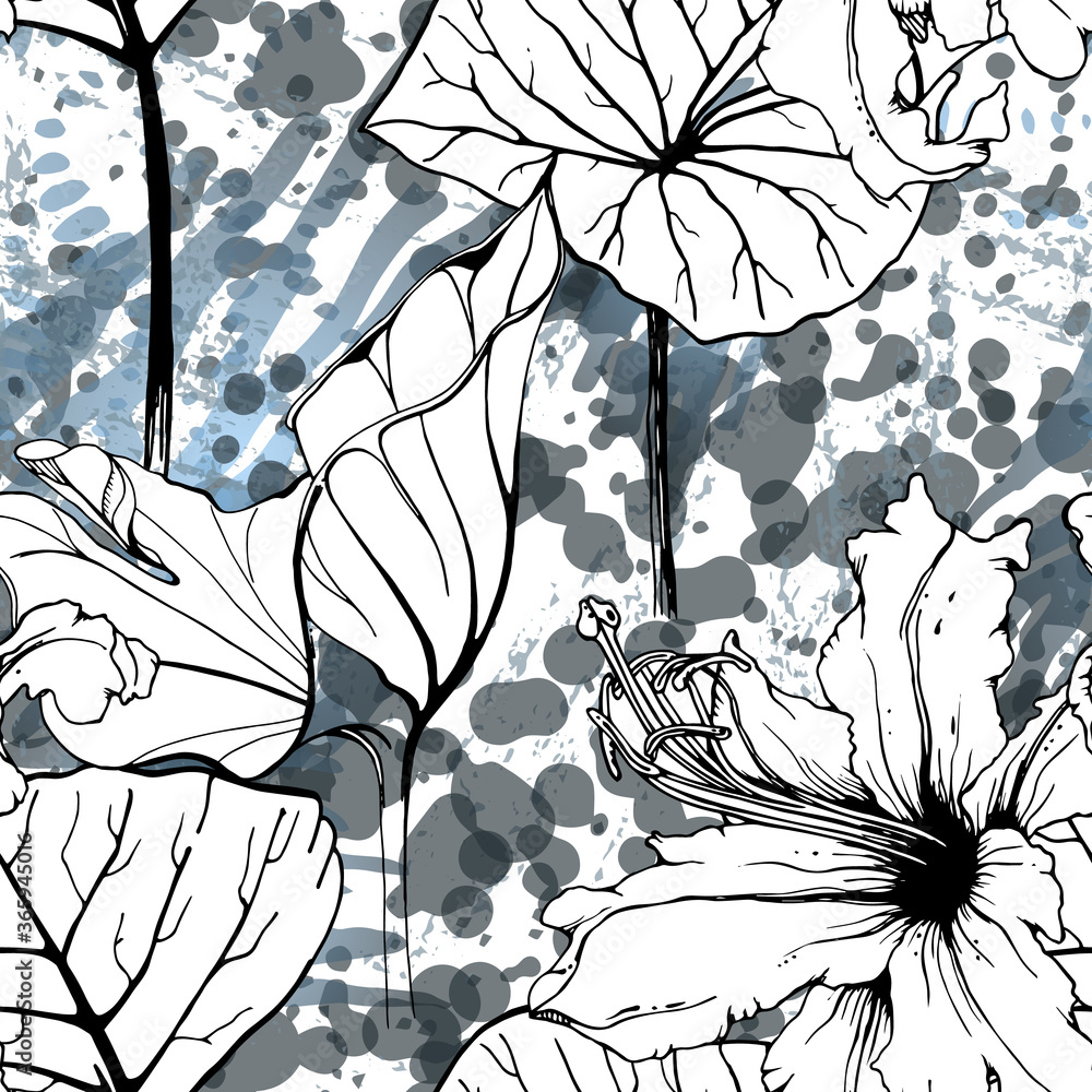 Fototapeta premium Floral Black White Pattern. Modern Watercolor