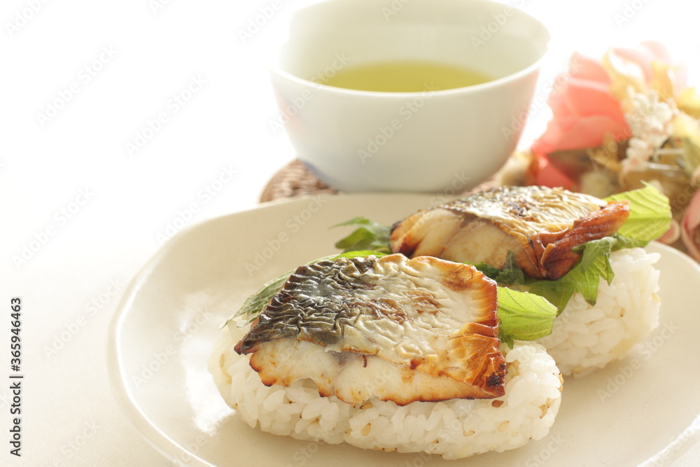 Japanese food, grilled mackerel and oba herbal sushi Japanese food, grilled mackerel and oba herbal sushi