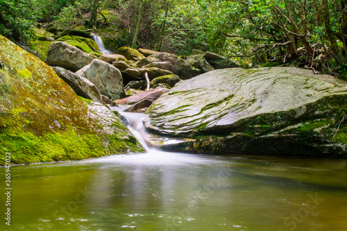 Waterfall on creek near mossy rocks  North Carolina  Appalachia  long exposure