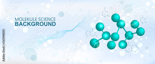 Science background. Molecular structure banner with 3D formula molecules. Healthcare Hi-tech technology concept. Model atom, dna chain and formula. Scientific-medical banner. Vector chemistry image